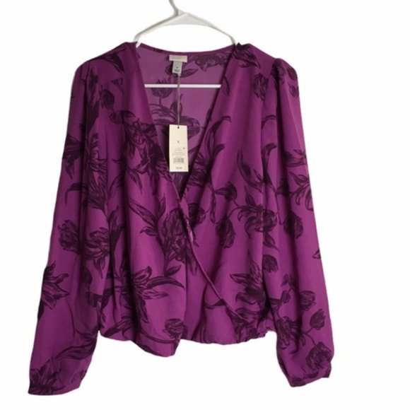 a new day Tops - Women's Floral Print Puff Long Sleeve Wrap Top S